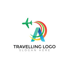 Modern Travel Agency Letter Logo with Airplane and Sunset Design
