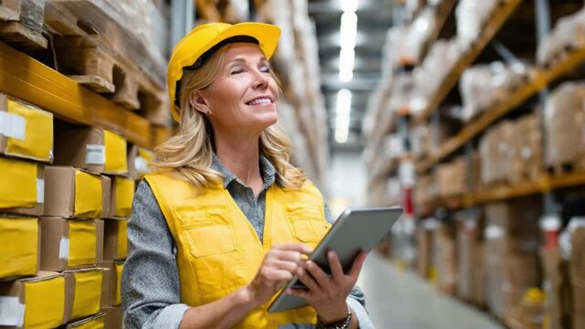 Warehouse Efficiency: A focused warehouse worker, enveloped by towering stacks of boxes, leverages a tablet for inventory management, symbolizing precision and productivity.
