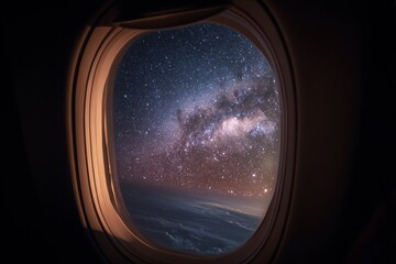 Fototapeta premium Airplane Window Night. Traveling at Night with Starry Sky and Milky Way View