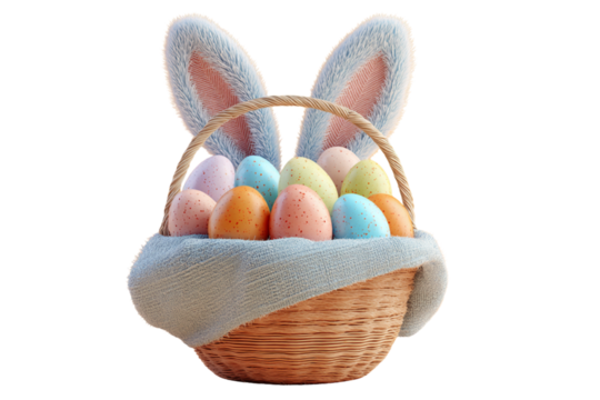 3D Render of Easter Basket Filled with Vibrant Decorated Eggs and Bunny Ears, Front View, Isolated on Transparent Background