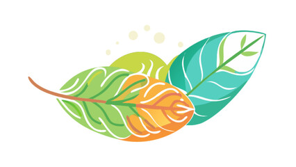 Illustration of three colorful leaves overlapping with a light green circle behind them on white background
