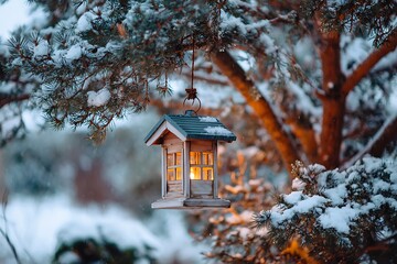 Nest with Glass Window and Hanging Lantern Suspended on Pine Tree in Snowy Garden