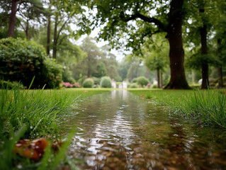 Rainsoaked lawn path Tranquil garden escape