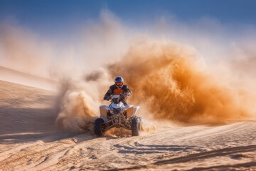 ATV Sand Dunes. Quadbike Rider Making Big Sand Spray in Desert Dune Landscape