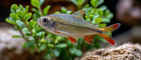 Obraz premium Redtailed fish swims among greenery