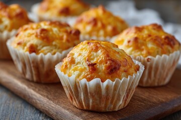 Bakery Cases: Homemade Cheese Muffins on White Table with Cheddar, in Paper Cupcake Cases