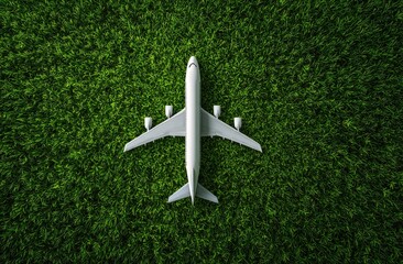 White airplane model atop vibrant green grass
