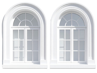 Obraz premium Pair of Classic White Arched Windows with Clear Glass Panes, Front View Isolated on Transparent Background