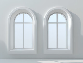 Pair of Classic White Arched Windows with Clear Glass Panes, Front View Isolated on Transparent Background