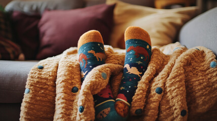 Feet in colorful socks tucked under a warm, textured blanket.