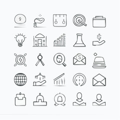 Vector line icon set showcasing business, communication, and productivity tools. Includes minimalist outline illustrations of charts, emails, targets, clocks, office essentials, and business icons set