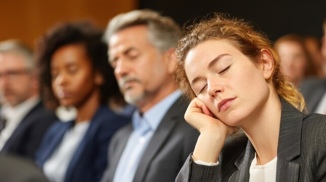Boring Speaker. Adult Business Associates in 20s, 30s, and 60s Bored During Conference Briefing