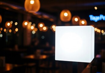 Fototapeta premium Illuminated white cube glows softly against a blurred background of warm lights in a modern restaurant interior