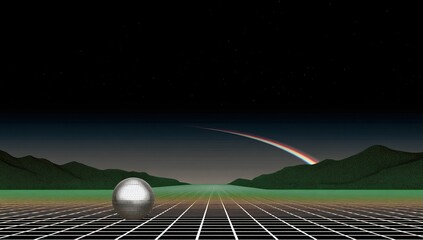 A chrome sphere sits on a gridded road,  rainbow arches across a dark sky above a stylized landscape