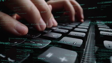 Engaging close-up photo showcasing hands actively typing on a keyboard with a backdrop of code and programming syntax, symbolizing technology innovation and digital creativity. Xenic - Powered by Adobe