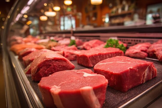 Butcher Case. Fresh Display of Raw Beef Meat at the Shop Counter