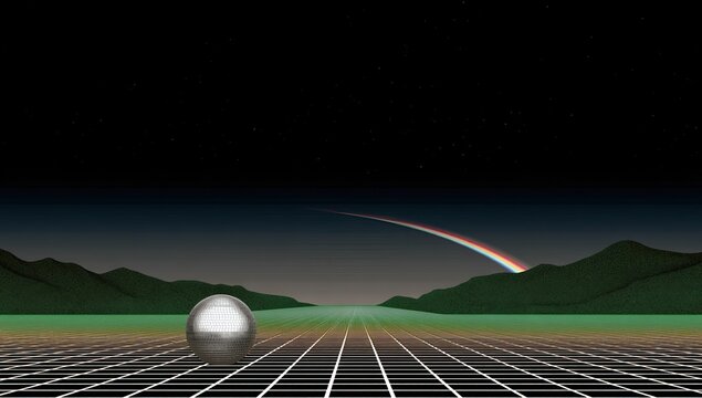 A chrome sphere sits on a gridded road,  rainbow arches across a dark sky above a stylized landscape - Powered by Adobe