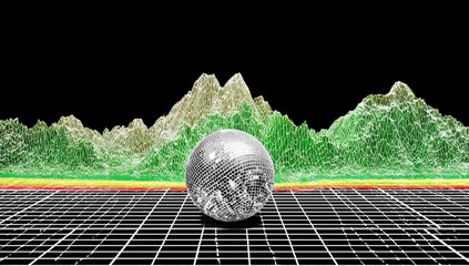 Digital sphere, grid, mountain range, retro,  futuristic