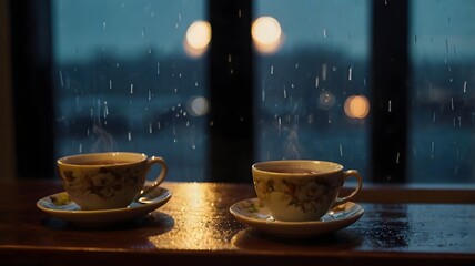 A steaming cup of warm tea rests by a rain-speckled window on a quiet rainy night, creating a cozy, comforting scene with soft reflections and moody ambiance.