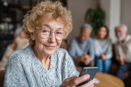 Caregiver Technology. Day at Leisure with European Friends: Retired Senior Woman Using Smart Phone