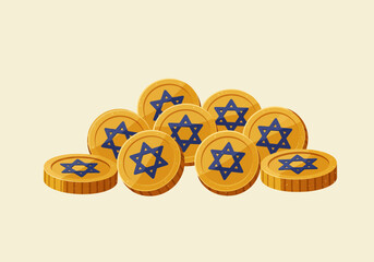 A collection of golden coins adorned with the Star of David, symbolizing Jewish finance, wealth, and tradition.