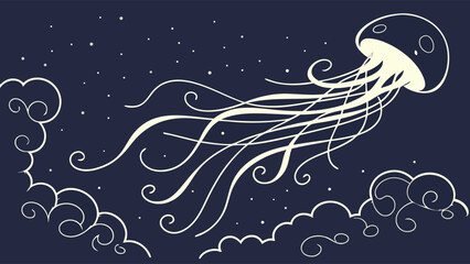 A graceful jellyfish gracefully drifts through a starry night sky filled with wispy clouds