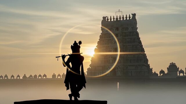 lord krishna silhouette playing flute at temple sunrise