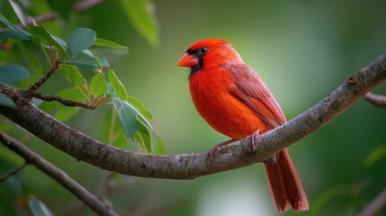 Fototapeta premium Summer Cardinal Watching on Tree Branch in Red Male Perch Under the Sun