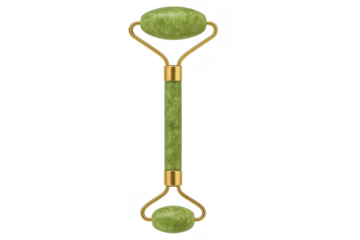 Green jade roller massager with gold details on transparent background