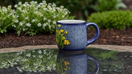 Obraz premium Rainy day mug reflection in a peaceful garden, showcasing warm comfort, soft raindrops, and lush greenery—perfect for cozy, tranquil, and seasonal themes.