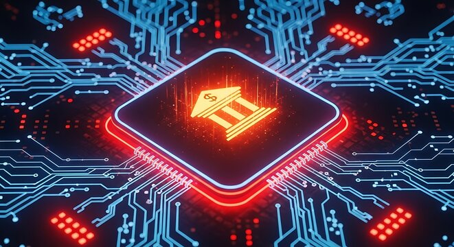 Digital banking A futuristic concept with glowing circuit board, central processor, and a bank icon symbolizing secure financial transactions and modern technology.