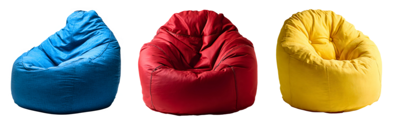 Set of vibrant blue, red and yellow bean bag chairs for stylish home interiors isolated on a white or transparent background