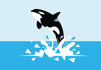A stylized illustration of a black and white orca leaping from the blue ocean and creating a large splash.