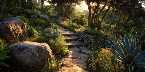 Sun-drenched hillside garden path with large rocks and succulents
