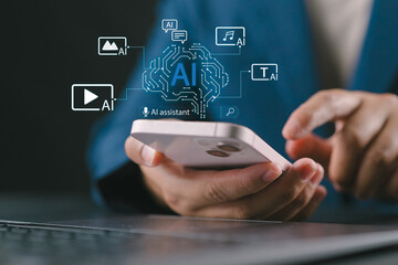 AI assistant on smartphone device managing content generation for text, video, music, and image with smart automation, providing convenient access to multimedia tools in digital environment.