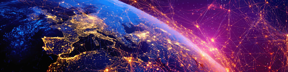 map of planet Earth from space. Technological lines connecting countries. Concept of 5G Internet coverage, globalization and communication. Digital networking connection