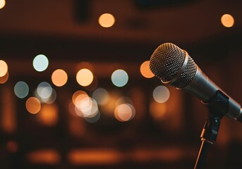 Captivating vintage microphone ready for a powerful performance on a softly lit stage with warm bokeh background.