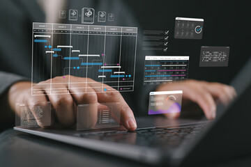 Project management and scheduling analytics. Businessman using real-time progress tracking and task prioritization for workflow efficiency, timeline management, and strategic planning success.