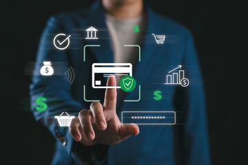 Secure online payment concept. Businessman authenticating a digital credit card transaction, highlighting fintech innovation, financial security, encryption, and global ecommerce trends