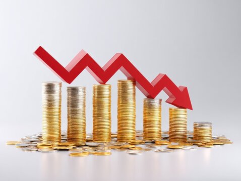 A red downward trend graph over stacks of gold coins