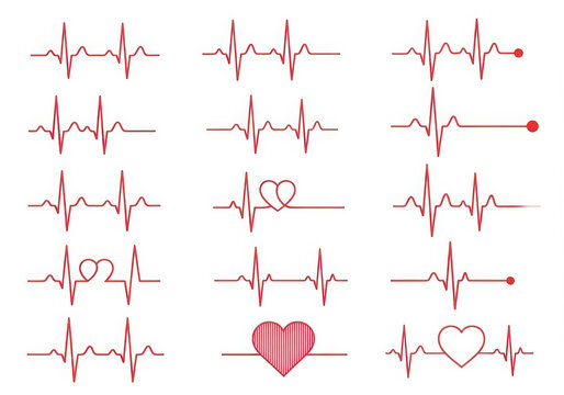 Red heartbeat electrocardiogram lines and heart symbols, isolated on white background
