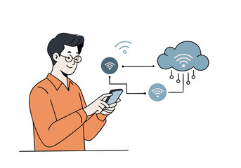 A man uses a tablet to connect to cloud data, showcasing modern technology and data transfer. Clean, graphic style.

