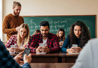 Students using smartphones in classroom with teacher supervising them