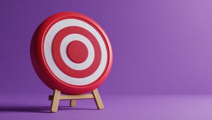A red target on a small wooden easel, against a vibrant purple background.  The target has concentric circles of red and white.  Simple, 3D render style