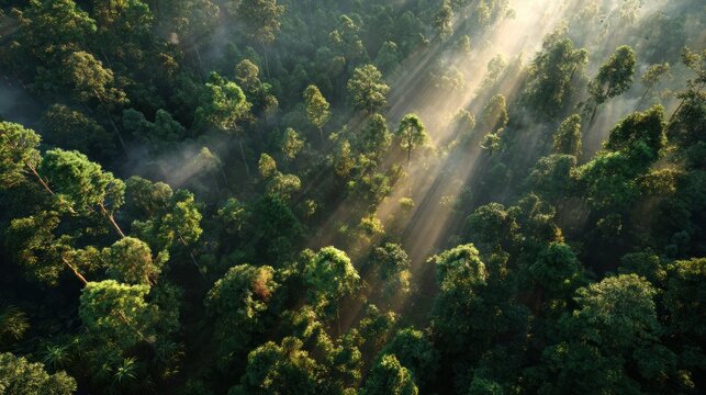 Sunlight Serenade: An aerial perspective reveals a vibrant canopy, where sunbeams dance through a misty embrace, casting an ethereal glow over the lush, green expanse of the forest.