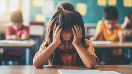 Young student with head in hands in classroom.