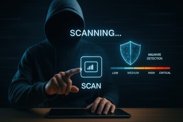 Cybersecurity Malware Scan Interface with Risk Level Indicator and Hooded Hacker Concept
