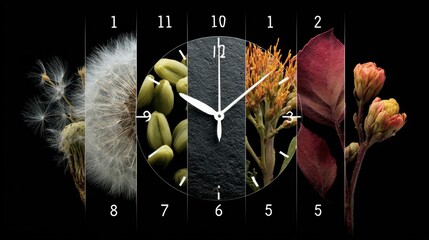 Time's Garden: An artistic clock face merges nature's elements with the concept of time, featuring flora against a sleek dark backdrop.