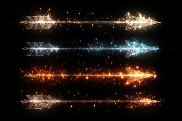 Four glowing arrows in varying colors, against a black background.  Each arrow is outlined with geometric shapes and a trail of sparkling particles.  