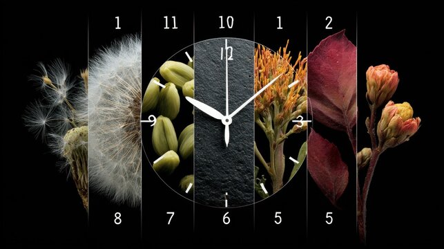 Time's Garden: An artistic clock face merges nature's elements with the concept of time, featuring flora against a sleek dark backdrop.